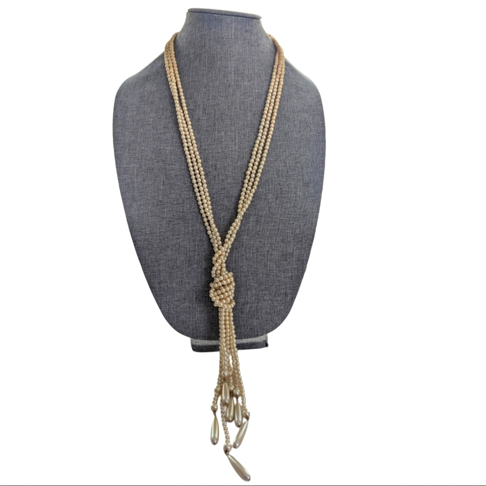 Vintage Liz Claiborne Long Faux Pearl Torsade Twisted Tassel Statement Necklace